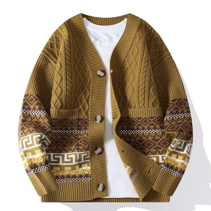 Buddha Stones Jacquard Ethnic Long Sleeve Men's Knitted Sweater With Pockets