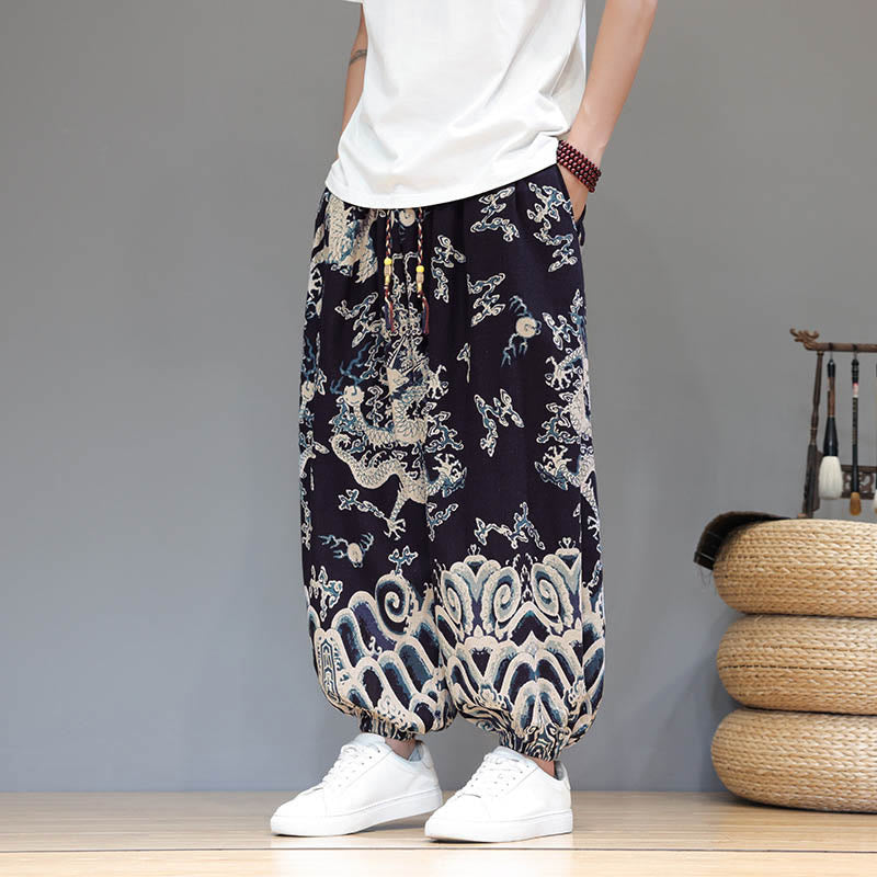 Buddha Stones Summer Dragon Drawstring Design Cotton Linen Men's Harem Pants With Pockets