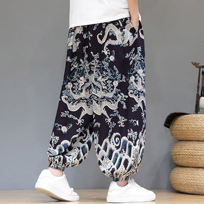Buddha Stones Summer Dragon Drawstring Design Cotton Linen Men's Harem Pants With Pockets