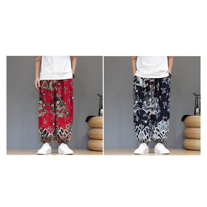 Buddha Stones Summer Dragon Drawstring Design Cotton Linen Men's Harem Pants With Pockets