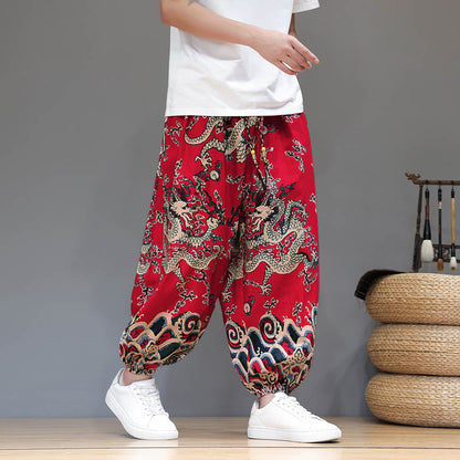 Buddha Stones Summer Dragon Drawstring Design Cotton Linen Men's Harem Pants With Pockets