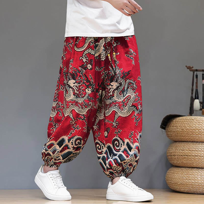 Buddha Stones Summer Dragon Drawstring Design Cotton Linen Men's Harem Pants With Pockets