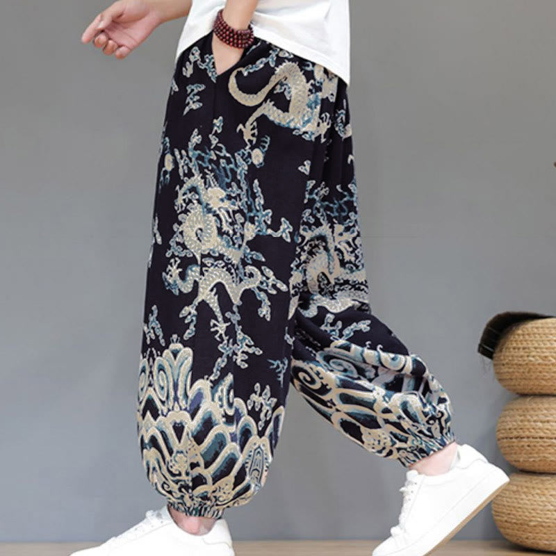 Buddha Stones Summer Dragon Drawstring Design Cotton Linen Men's Harem Pants With Pockets