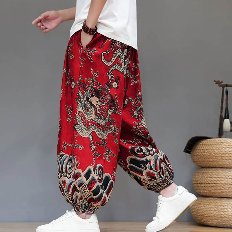 Buddha Stones Summer Dragon Drawstring Design Cotton Linen Men's Harem Pants With Pockets