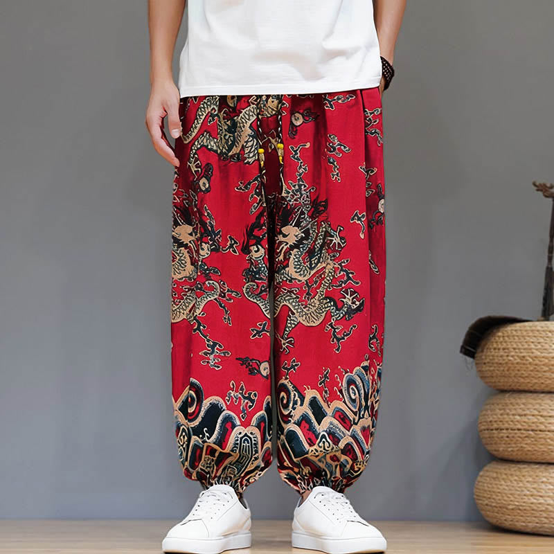 Buddha Stones Summer Dragon Drawstring Design Cotton Linen Men's Harem Pants With Pockets
