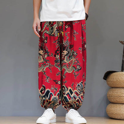 Buddha Stones Summer Dragon Drawstring Design Cotton Linen Men's Harem Pants With Pockets