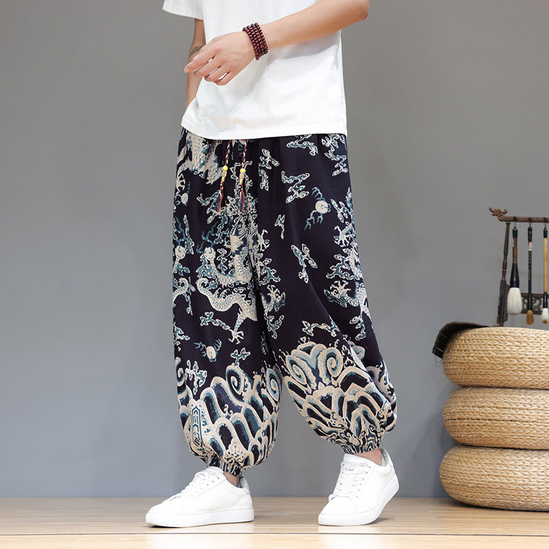 Buddha Stones Summer Dragon Drawstring Design Cotton Linen Men's Harem Pants With Pockets