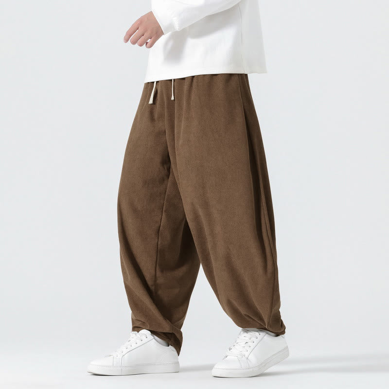 Buddha Stones Fall Solid Color Corduroy Men's Harem Pants With Pockets