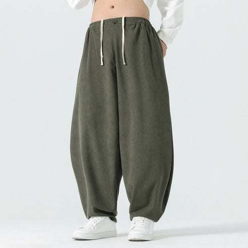 Buddha Stones Fall Solid Color Corduroy Men's Harem Pants With Pockets