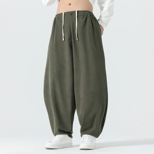 Buddha Stones Fall Solid Color Corduroy Men's Harem Pants With Pockets