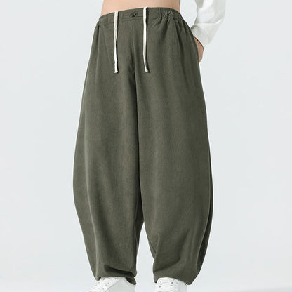 Buddha Stones Fall Solid Color Corduroy Men's Harem Pants With Pockets
