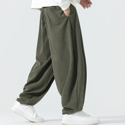 Buddha Stones Fall Solid Color Corduroy Men's Harem Pants With Pockets