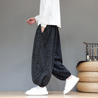 Buddha Stones Fall Texture Drawstring Design Corduroy Cotton Linen Men's Harem Pants With Pockets