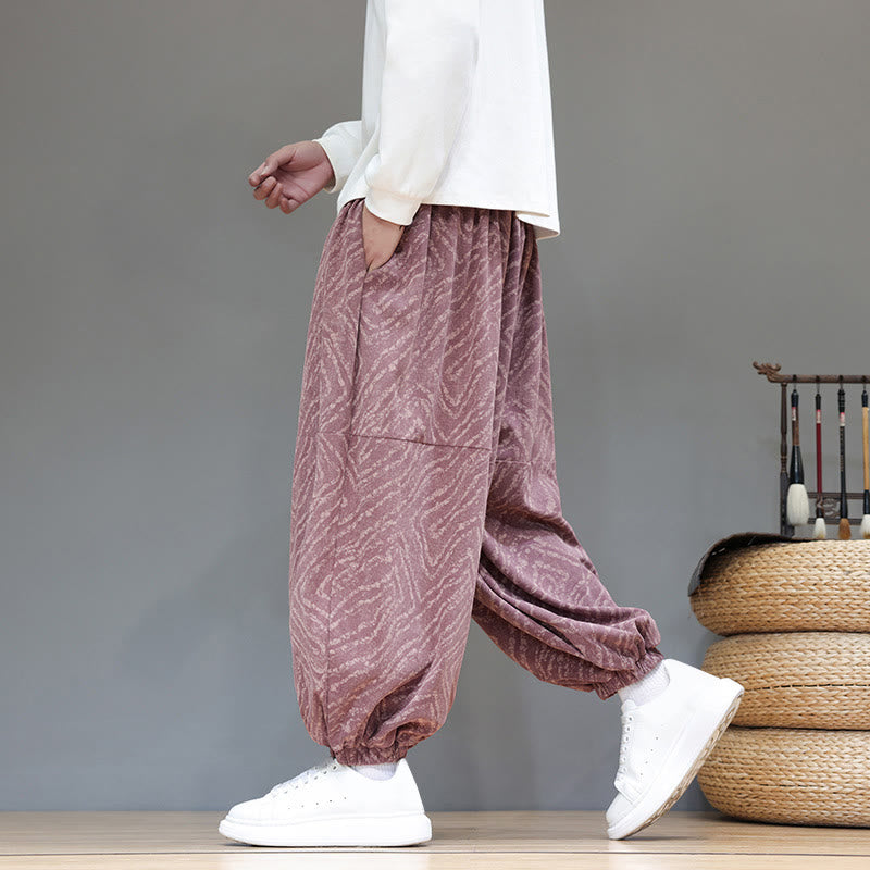 Buddha Stones Fall Texture Drawstring Design Corduroy Cotton Linen Men's Harem Pants With Pockets