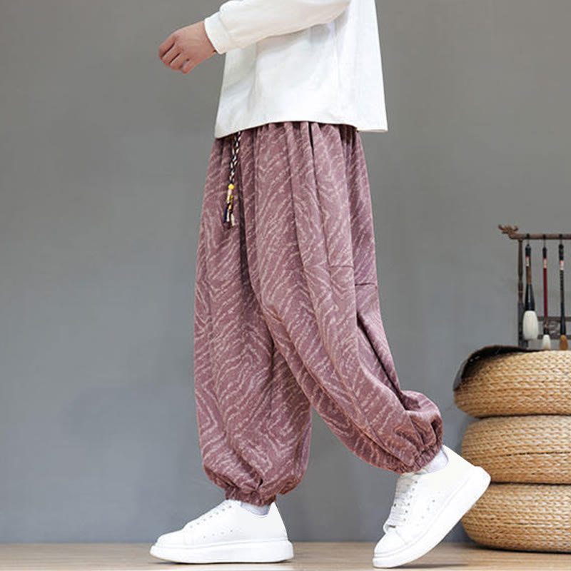Buddha Stones Fall Texture Drawstring Design Corduroy Cotton Linen Men's Harem Pants With Pockets