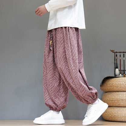 Buddha Stones Fall Texture Drawstring Design Corduroy Cotton Linen Men's Harem Pants With Pockets