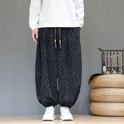 Buddha Stones Fall Texture Drawstring Design Corduroy Cotton Linen Men's Harem Pants With Pockets