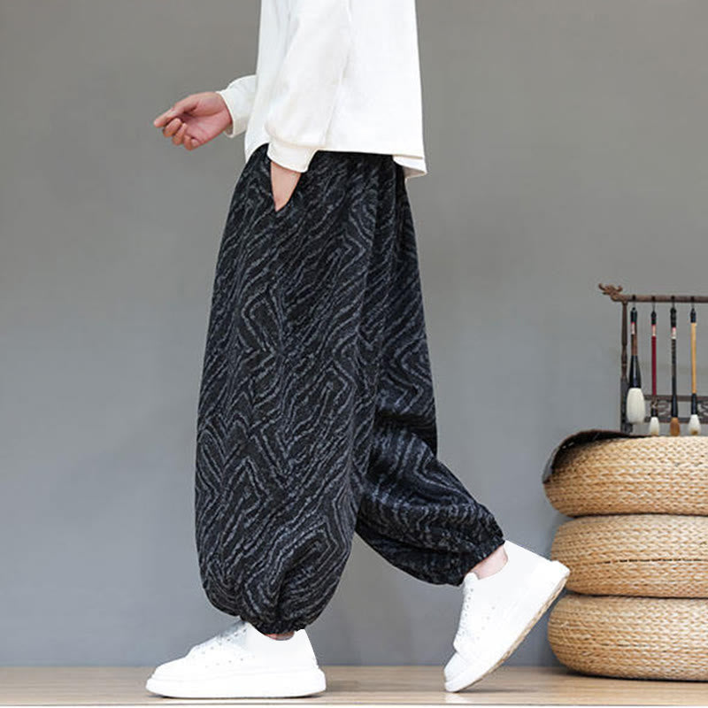 Buddha Stones Fall Texture Drawstring Design Corduroy Cotton Linen Men's Harem Pants With Pockets
