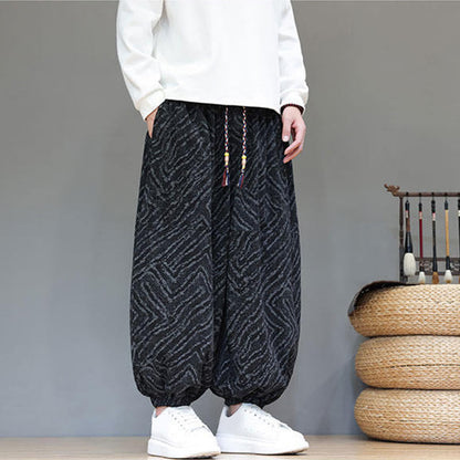 Buddha Stones Fall Texture Drawstring Design Corduroy Cotton Linen Men's Harem Pants With Pockets