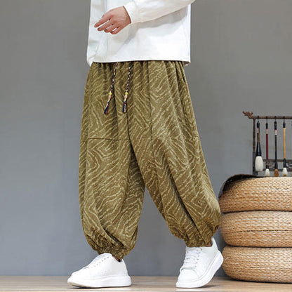 Buddha Stones Fall Texture Drawstring Design Corduroy Cotton Linen Men's Harem Pants With Pockets