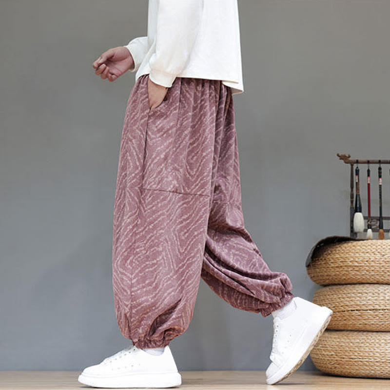 Buddha Stones Fall Texture Drawstring Design Corduroy Cotton Linen Men's Harem Pants With Pockets