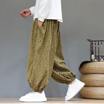 Buddha Stones Fall Texture Drawstring Design Corduroy Cotton Linen Men's Harem Pants With Pockets