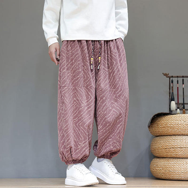 Buddha Stones Fall Texture Drawstring Design Corduroy Cotton Linen Men's Harem Pants With Pockets