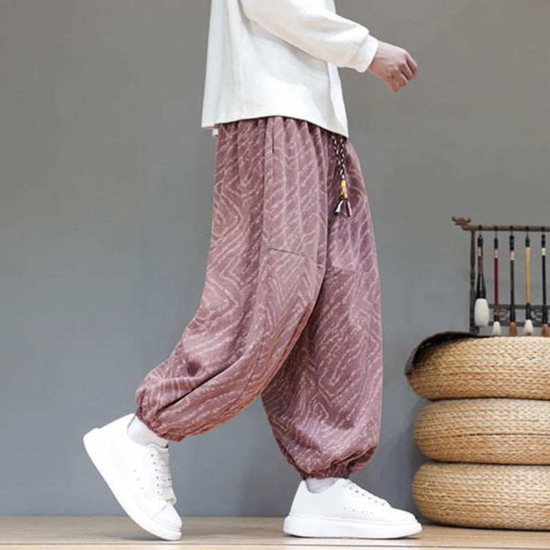 Buddha Stones Fall Texture Drawstring Design Corduroy Cotton Linen Men's Harem Pants With Pockets