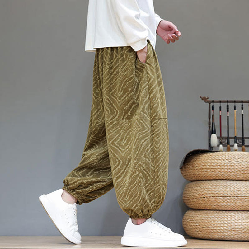 Buddha Stones Fall Texture Drawstring Design Corduroy Cotton Linen Men's Harem Pants With Pockets
