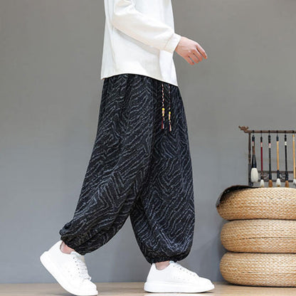 Buddha Stones Fall Texture Drawstring Design Corduroy Cotton Linen Men's Harem Pants With Pockets