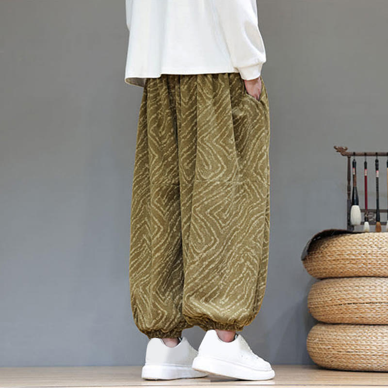 Buddha Stones Fall Texture Drawstring Design Corduroy Cotton Linen Men's Harem Pants With Pockets