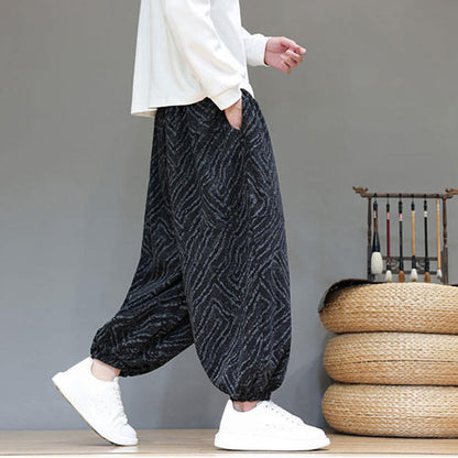 Buddha Stones Fall Texture Drawstring Design Corduroy Cotton Linen Men's Harem Pants With Pockets