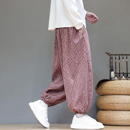 Buddha Stones Fall Texture Drawstring Design Corduroy Cotton Linen Men's Harem Pants With Pockets