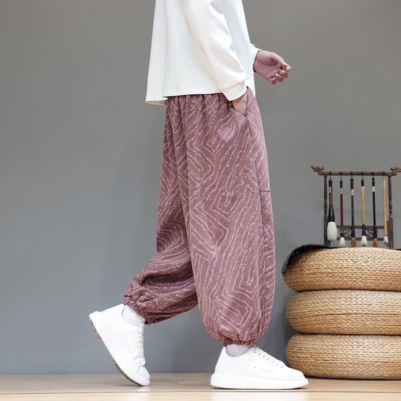 Buddha Stones Fall Texture Drawstring Design Corduroy Cotton Linen Men's Harem Pants With Pockets