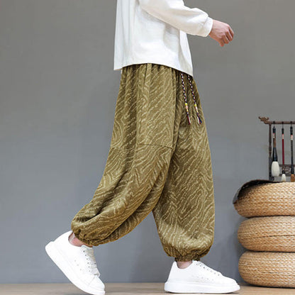 Buddha Stones Fall Texture Drawstring Design Corduroy Cotton Linen Men's Harem Pants With Pockets