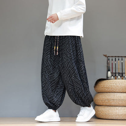Buddha Stones Fall Texture Drawstring Design Corduroy Cotton Linen Men's Harem Pants With Pockets
