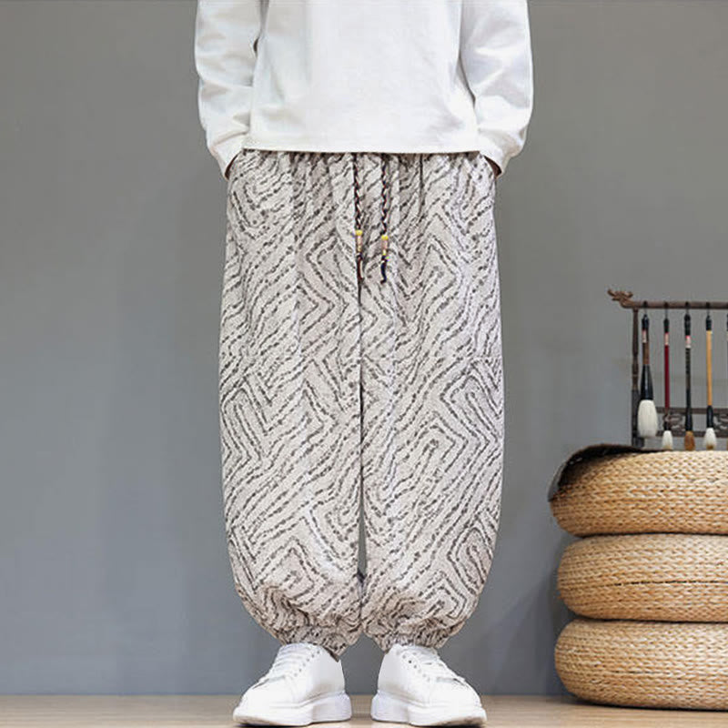 Buddha Stones Fall Texture Drawstring Design Corduroy Cotton Linen Men's Harem Pants With Pockets