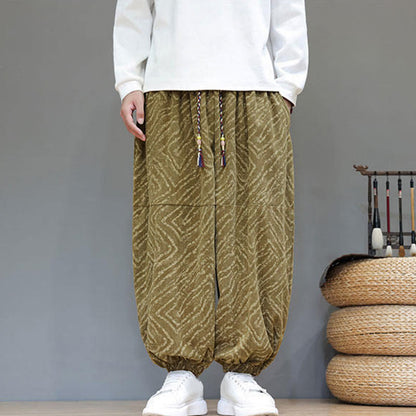 Buddha Stones Fall Texture Drawstring Design Corduroy Cotton Linen Men's Harem Pants With Pockets