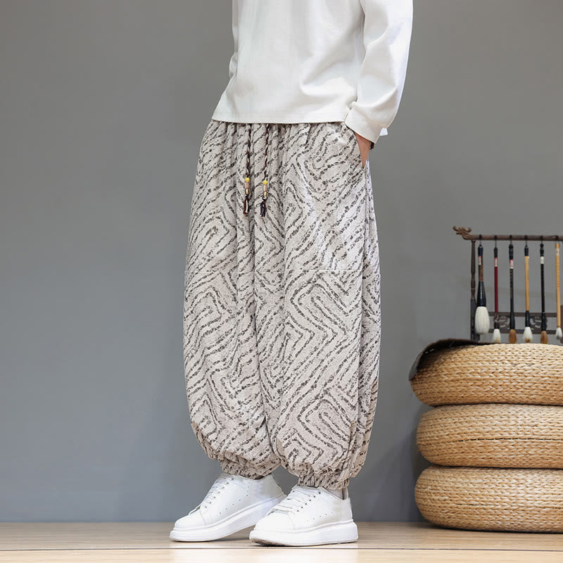 Buddha Stones Fall Texture Drawstring Design Corduroy Cotton Linen Men's Harem Pants With Pockets