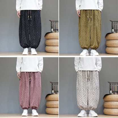 Buddha Stones Fall Texture Drawstring Design Corduroy Cotton Linen Men's Harem Pants With Pockets