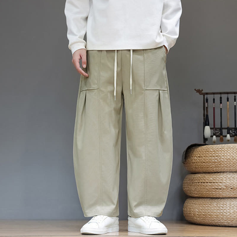 Buddha Stones Fall Pure Color Cotton Men's Cropped Harem Pants With Pockets