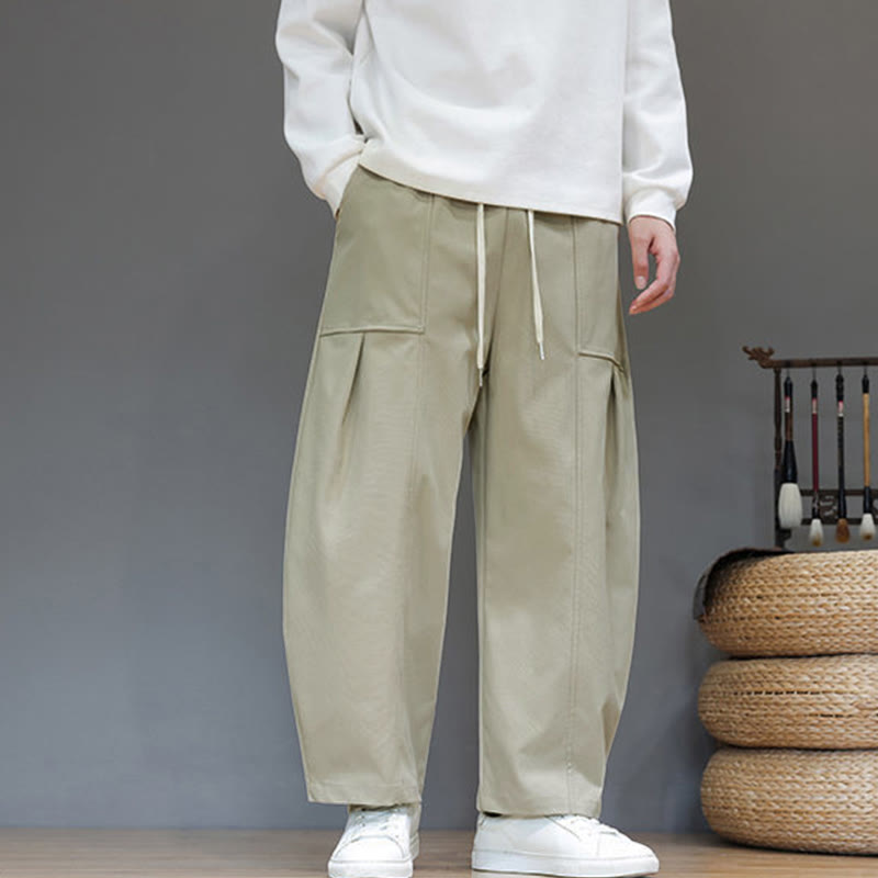 Buddha Stones Fall Pure Color Cotton Men's Cropped Harem Pants With Pockets