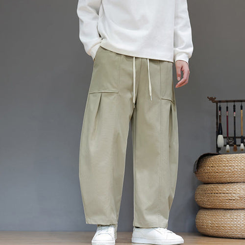 Buddha Stones Fall Pure Color Cotton Men's Cropped Harem Pants With Pockets