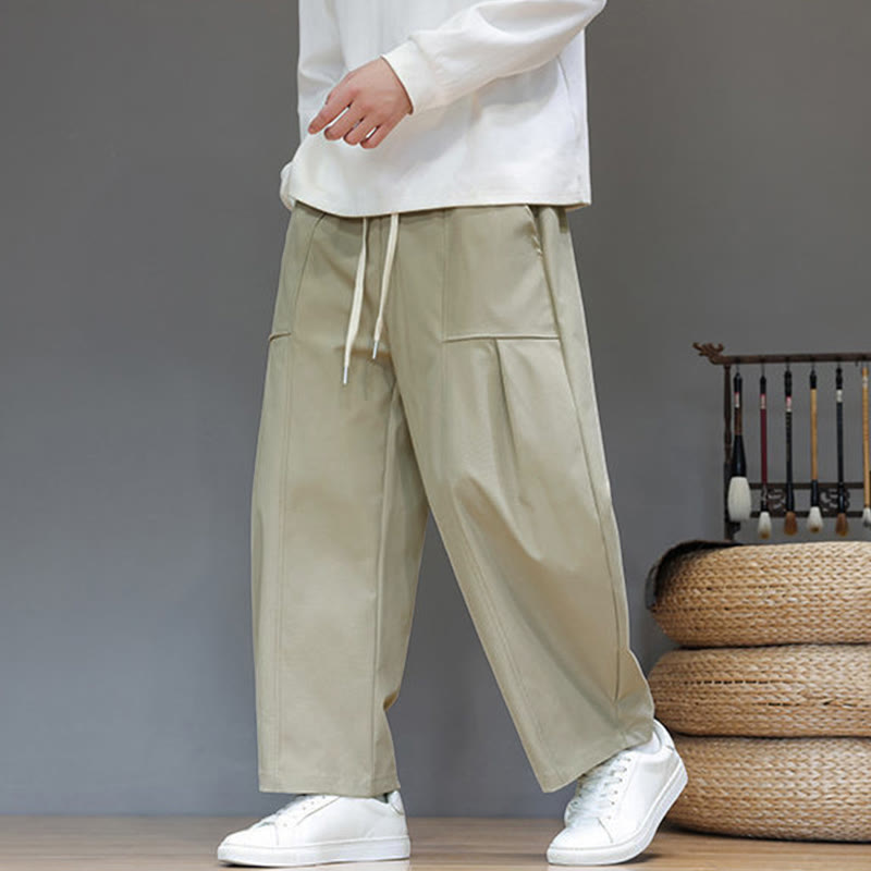 Buddha Stones Fall Pure Color Cotton Men's Cropped Harem Pants With Pockets