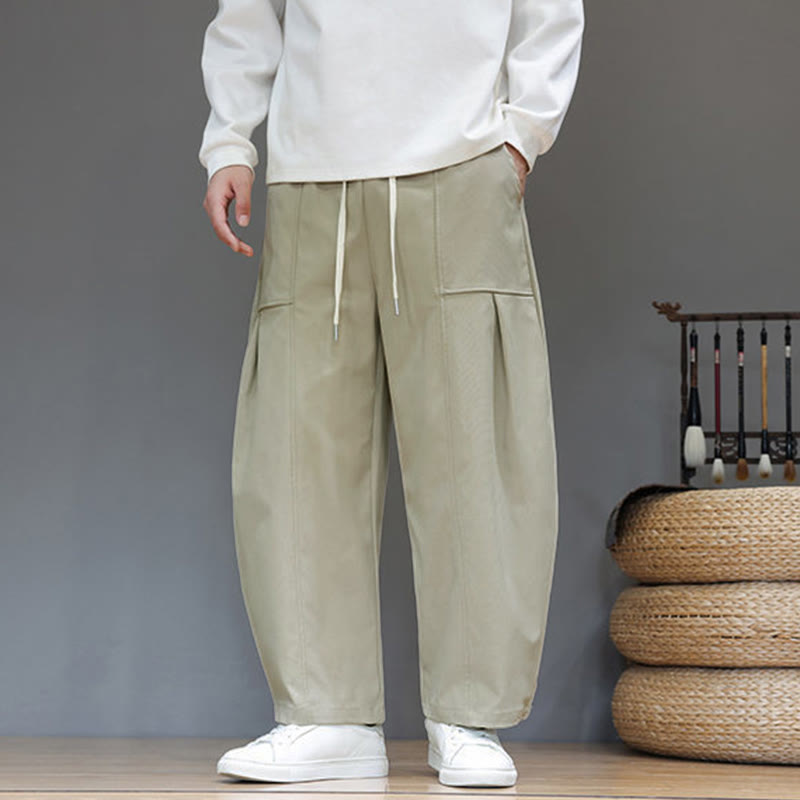 Buddha Stones Fall Pure Color Cotton Men's Cropped Harem Pants With Pockets