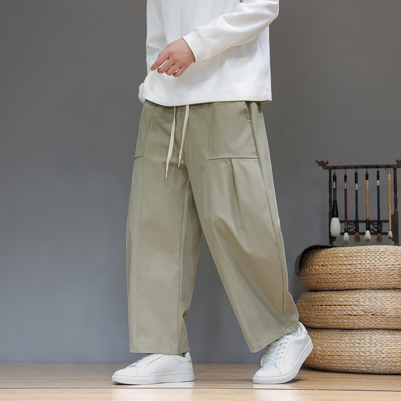 Buddha Stones Fall Pure Color Cotton Men's Cropped Harem Pants With Pockets