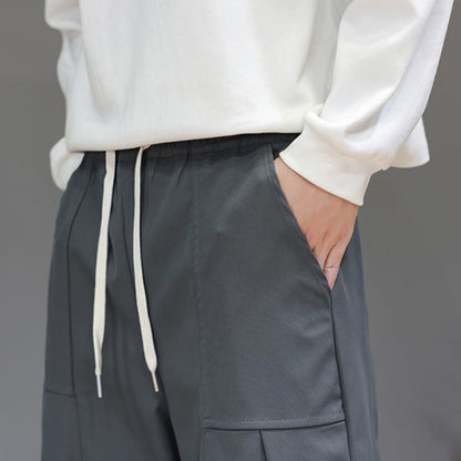 Buddha Stones Fall Pure Color Cotton Men's Cropped Harem Pants With Pockets