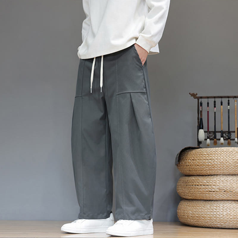 Buddha Stones Fall Pure Color Cotton Men's Cropped Harem Pants With Pockets