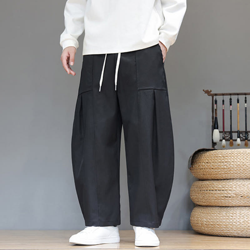 Buddha Stones Fall Pure Color Cotton Men's Cropped Harem Pants With Pockets