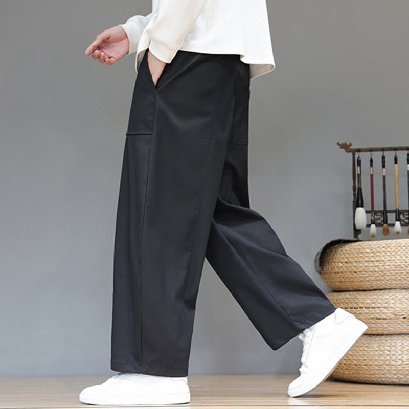 Buddha Stones Fall Pure Color Cotton Men's Cropped Harem Pants With Pockets